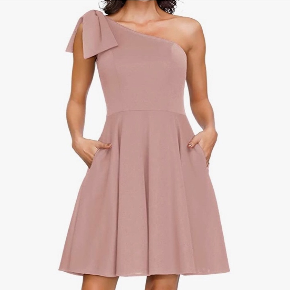 Jasambac Size S One Shoulder Pink Dress with Bow, pockets, and side zipper